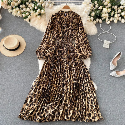 Retro Print Elegant Pleated Lace-up Chiffon Long Sleeve Dress A-line Blouse French Casual V-neck High Waist Women Summer Dresses