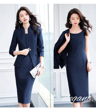 NAVIU 2025 Women Office Dress Set Monochromatic Slim Fit Suit Stand Collar Single Button Fashion New 2 Pcs Brazer and Dresses
