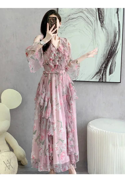 Women Sexy Off Shoulder V Neck Floral Print Dress Summer Gorgeous Flower Pink Chiffon Cascading Ruffles Evening Party Prom Robe