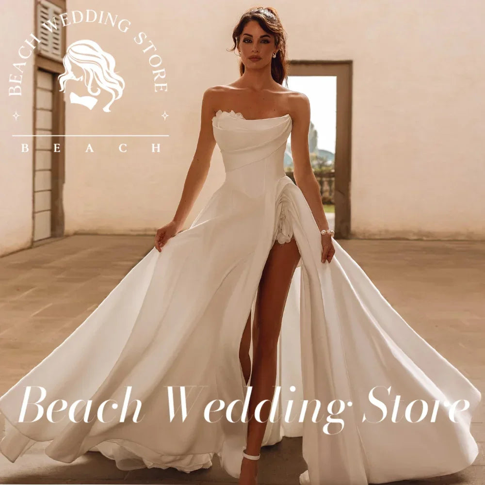 Beach Wedding Store Customized Strapless Satin Wedding Dress with Elegant Asymmetric Ruched Bodice Delicate Flower Applique