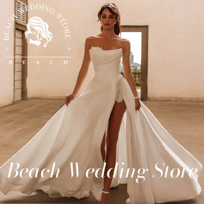 Beach Wedding Store Customized Strapless Satin Wedding Dress with Elegant Asymmetric Ruched Bodice Delicate Flower Applique