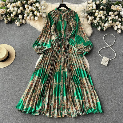 Retro Print Elegant Pleated Lantern Long Sleeve O Neck Single Breasted Dress A-line  Casual High Waist Women Summer Dresses