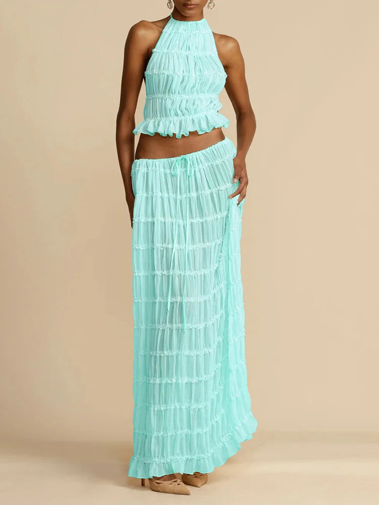 2025 Women Summer Loungewear Suits, Halter Short Top Maxi Skirts 2PCS Matching Sets, White Color Fashion Backless Ladies Outfit