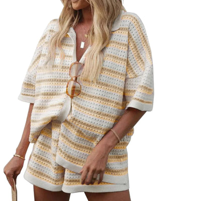Women Pajamas Set 2 Pieces Loungewear Suits Summer Striped Contrast Color Button Crochet Knit Tops and Shorts Lounge Sets Beach