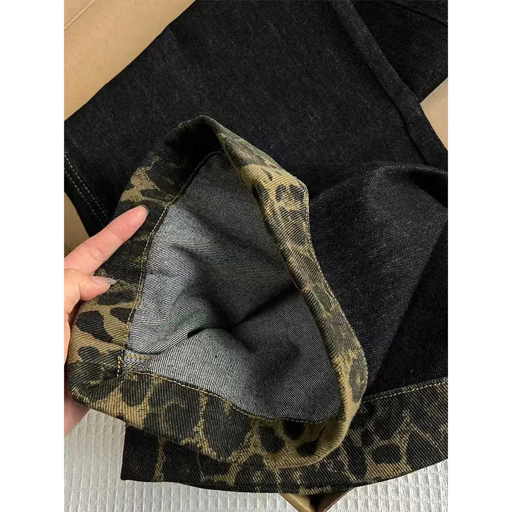 Oversized Wide Leg Pants for Women Spring Autumn Retro High Waist Leopard Print Jeans American Style Straight Loose Denim Pants