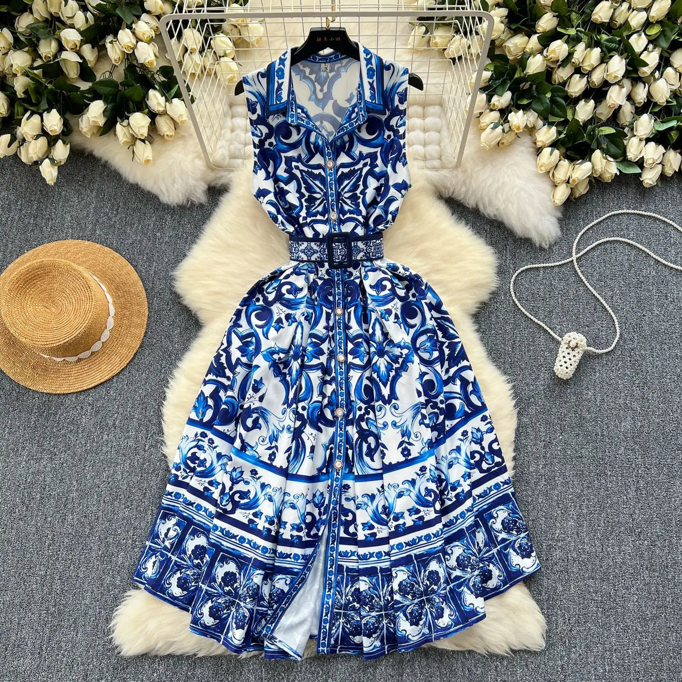 Summer Print Dress Women Sleeveless Elegant High Waist A-line Long Dresses for Women
