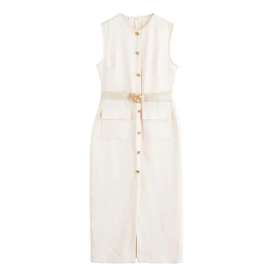 MUJER 2025 Womens Dresses Black Office Long Dresses for Women Spring Sleeveless Midi Dress Woman Belt Button Women's Dress Vest