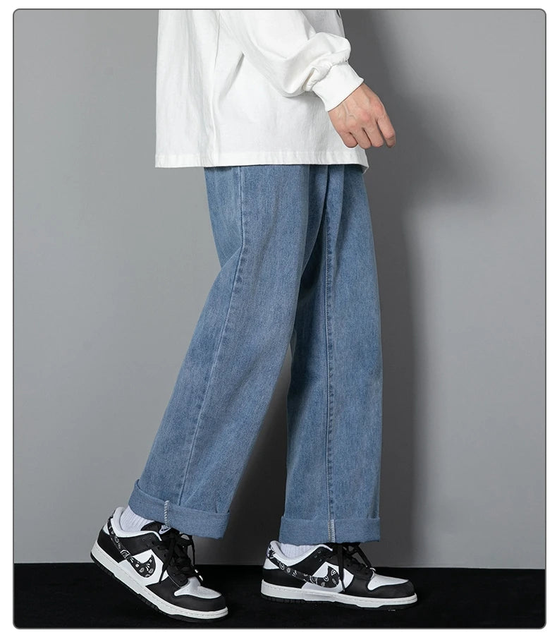 2025 New Korean Men's Casual Long Jeans Classic Man Straight Denim Wide-leg Pants Solid Color Light Blue Grey Black