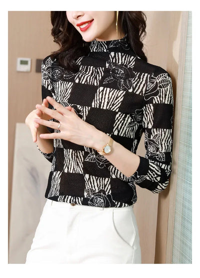 Printed Waffle Mesh T-shirts For Women New Autumn Slim-fit Base Half High Neck Strech Basic Tops Female