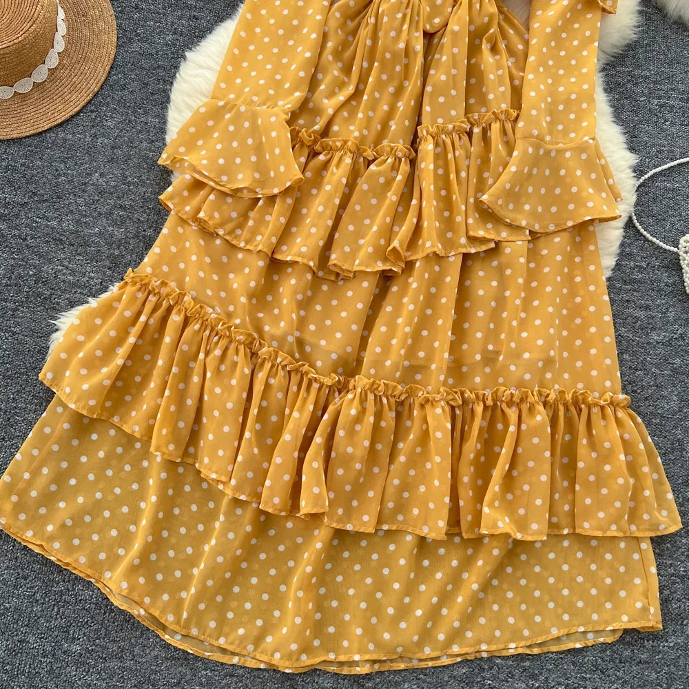 Dot Dress Women Long Dresses Print Chiffon Lace Up Flare Sleeve A Line Vestidos Streetwear Elegant Splice Y2k High Waist Party