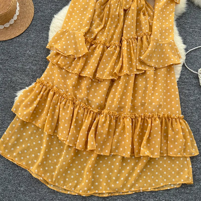 Dot Dress Women Long Dresses Print Chiffon Lace Up Flare Sleeve A Line Vestidos Streetwear Elegant Splice Y2k High Waist Party