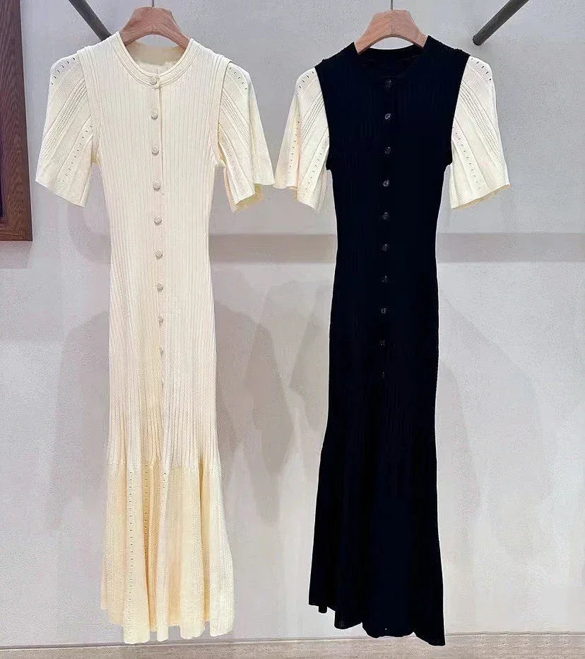 Classic Style Single Breasted Knitted Women Midi Dress O Neck Short Sleeve Hollow Out Spliced Lady Fishtail Dress