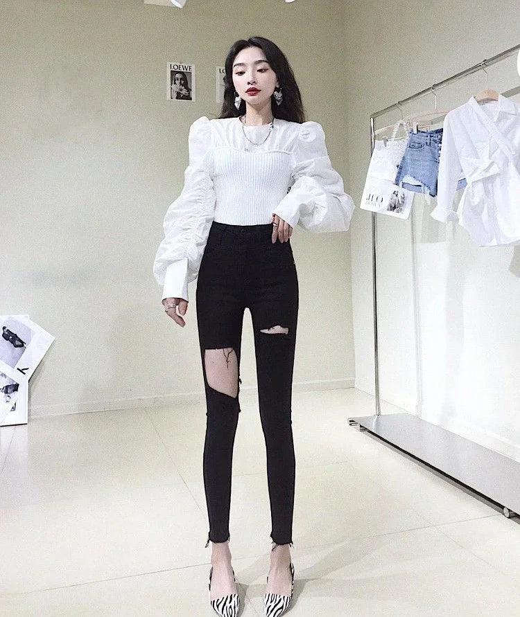 Skinny Pencil Slim Fit Women's Ripped Jeans 90s South Korea Cheap Summer Cowboy Pants for Woman Korean Fashion Xxl Torn Trousers