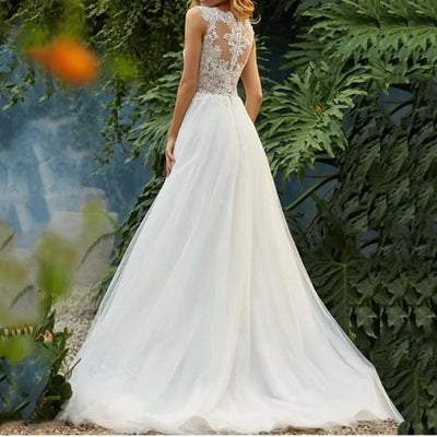 A-Line Wedding Dresses See Through Back Bridal Gowns Lace Appliques Sleeveless Beach Vestidos De Mariee