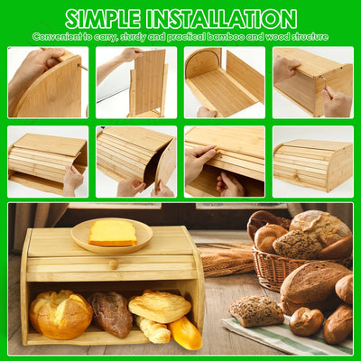 Bamboo Bread Storage Box Large Capacity Keep fresh Storage Bin Bread Cookies Food Storage Containers with Roll Lid Sliding door