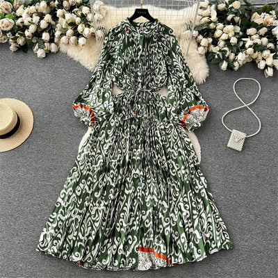 Retro Print Elegant Pleated Lantern Long Sleeve O Neck Single Breasted Dress A-line  Casual High Waist Women Summer Dresses