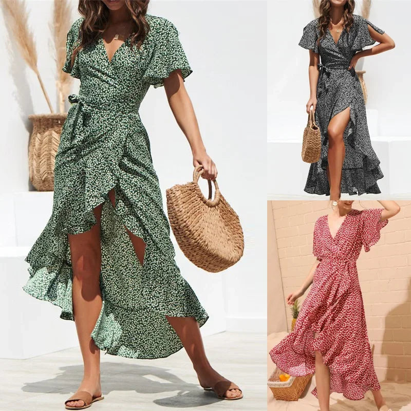 Women Summer Dresses Bohemian Sexy V-Neck Irregular High Waist Lace-up Chiffon Print Dress Casual Beach Long Dress