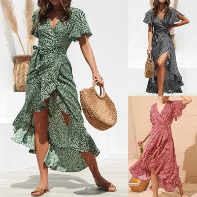Women Summer Dresses Bohemian Sexy V-Neck Irregular High Waist Lace-up Chiffon Print Dress Casual Beach Long Dress