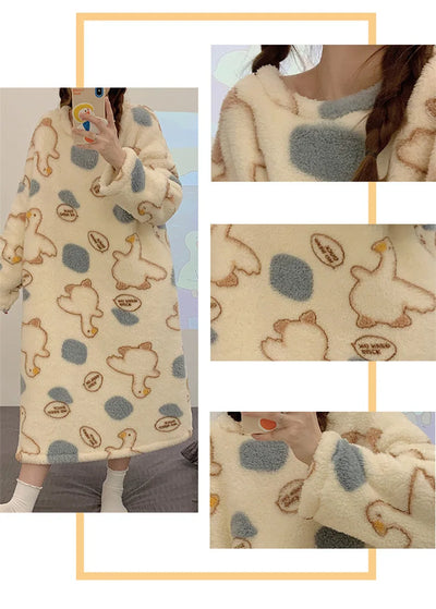Autumn Winter Wearable Outdoors Loungewear Women Flannel Long Sleeve Cartoon Pullover Nightgown Lady Style Female Sleepwear