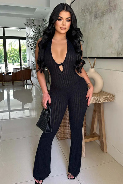 Joskaa Knitted Halter Backless Jumpsuit Women Sexy Deep V-Neck Bow Sleeveless Skinny Overalls 2025 Fitness Sportswear Clubwear