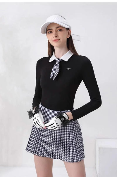Women's Golfwear for Spring/Autumn Slim-Fit Long-Sleeve Top with Polo Collar and Bow Tie, High-End Golf Hundred-Pleat Skirt Suit