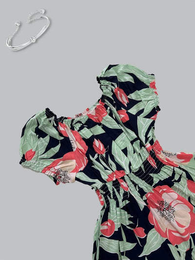 Women's Floral Summer Fashion Women's Print One-line Shoulder Dress Summer Beach Vacation Dress Causul Dress for Women