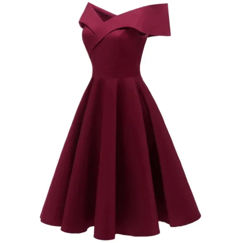 2024 New Vintage Women Summer Dresses Off Shoulder V-Neck Retro 50s 60s Elegant Dress Sexy Rockabilly Party Dress Midi Vestidos