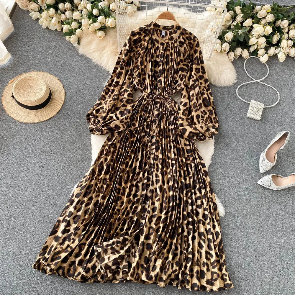 Retro Print Elegant Pleated Lace-up Chiffon Long Sleeve Dress A-line Blouse French Casual V-neck High Waist Women Summer Dresses