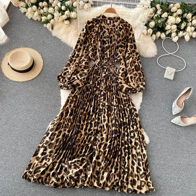 Retro Print Elegant Pleated Lace-up Chiffon Long Sleeve Dress A-line Blouse French Casual V-neck High Waist Women Summer Dresses