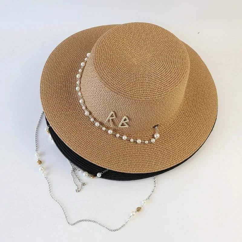New Women Summer Hats Straw Sun Hat Panama Elegant Straw Fedoras Lady Girl Outdoor Vacation with Pearl Chain Sunshade Beach Hat