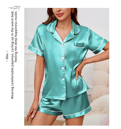 Women's Sleepwear Silk Satin Pajamas Set Button-Down Pyjama Shorts Suit Pijama Femme Loungewear Pj Sets Solid Color Home Clothes