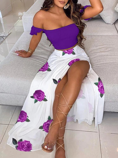 Summer Fashion Sets For Women 2 Pieces Solid Pleated Tops & Floral Print High Waist Midi Skirt Female Chic Lady Long Skirts Set