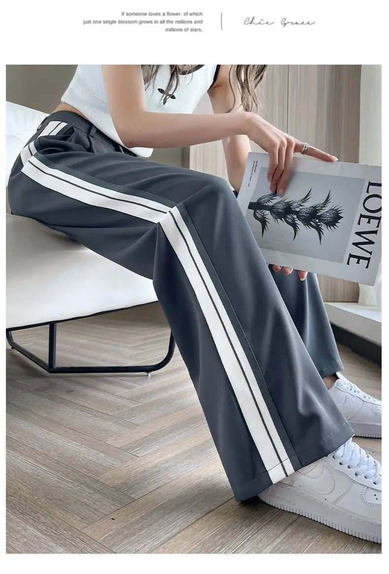 Wide-leg Pants for Women in Spring and Autumn High Waist Loose Straight Slim Striped Floor-moving Suit Pants