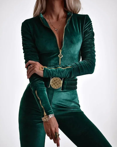 Zipper Design Ruched Long Sleeve Velvet Jumpsuit with Elastic Waistbelt Women Jumpsuits Pants Overall