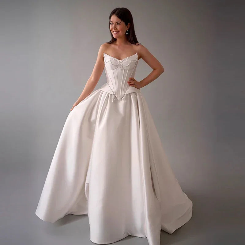 Charming Wedding Dress Satin Taffeta With Pearls A-Line Floor Ball Gown Princess Strapless Lace Up Customized Vestido De Novia