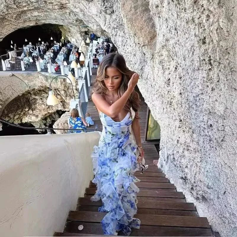 Summer Women Floral Print Party Dress Elegant New Fashion Strap V Neck High Waist Halter Corset Ruffle Evening Long Dress Robe