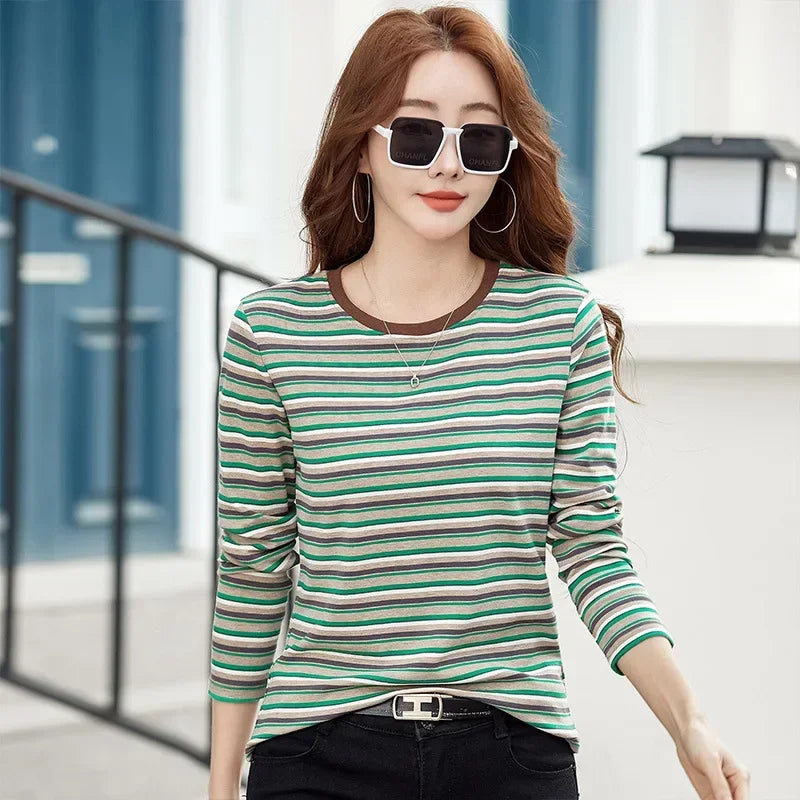 2024 New Women Clothing Crew Neck Striped Bottom Shirt Spring and Autumn Long Sleeve Tops T-Shirt Loose Interior Casual Top