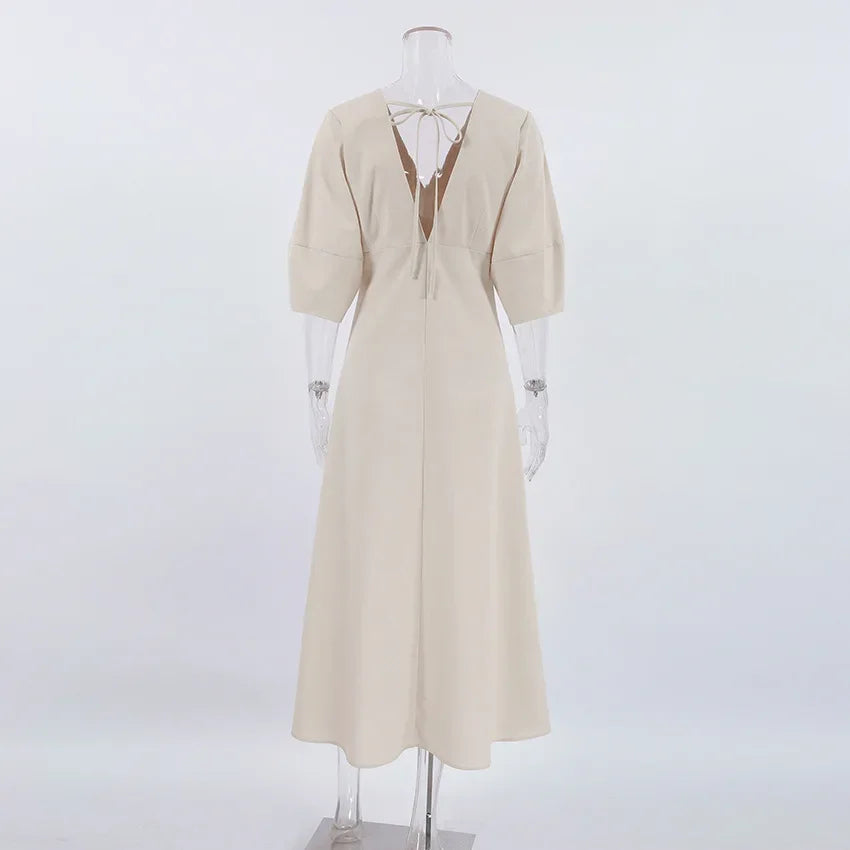 Retro Cotton Linen Women'S Summer Dress Sexy V-Neck Puff Sleeve Long Maxi Birthday Graduation Dresses Beach Sundress Robe Femmes