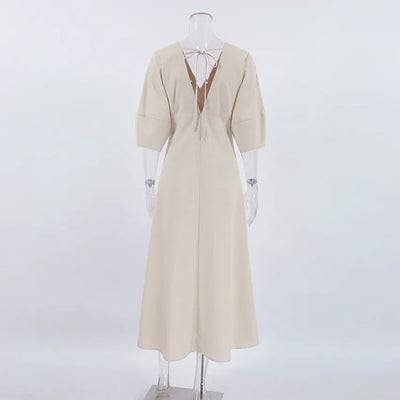 Retro Cotton Linen Women'S Summer Dress Sexy V-Neck Puff Sleeve Long Maxi Birthday Graduation Dresses Beach Sundress Robe Femmes