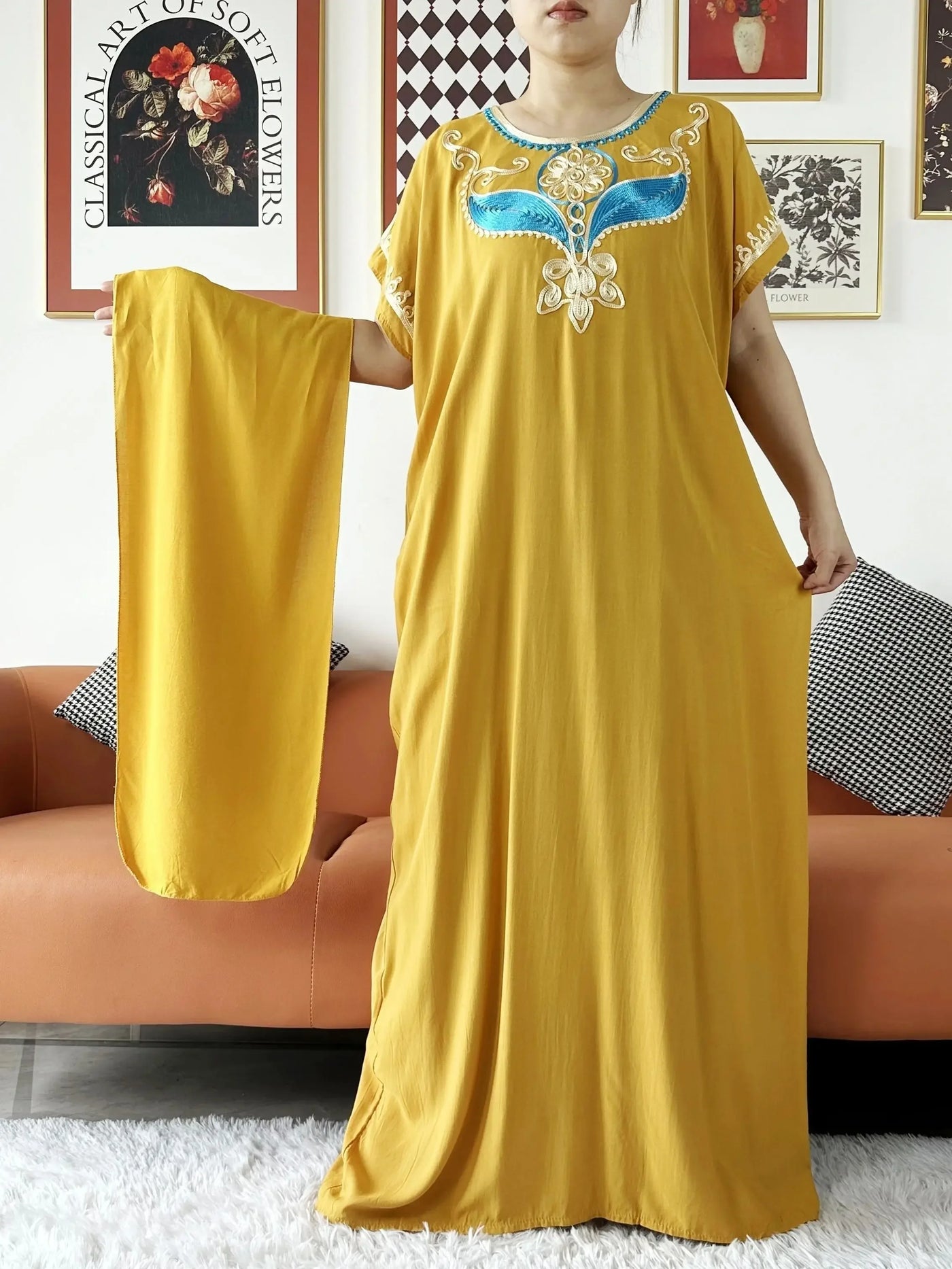 New Dubai Lady Party Summer Solid Cotton Dress with Scarfs African Dashiki Women Maxi Cotton Embroider Loose Vestidos