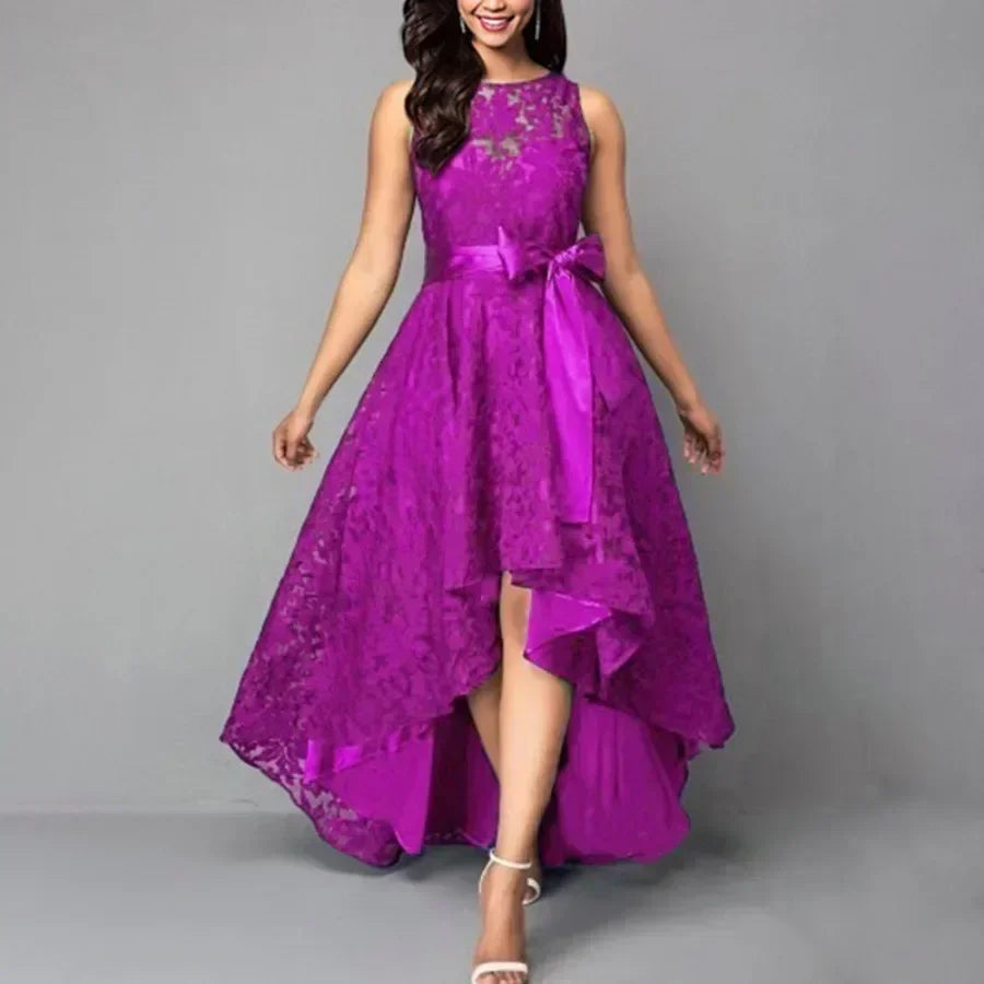 2025 Women's Wedding Bridesmaid Dress Elegant Lace Evening Sweet Party Dress Plus Size Slim High Waist Bow Maxi Dresses Female