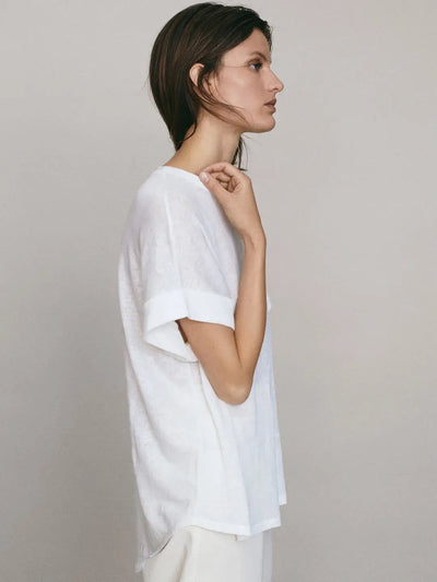 Summer Women Cotton Linen T-shirt Round Neck Thin Short-sleeved Transparent Loose Bottoming T-shirts Tops