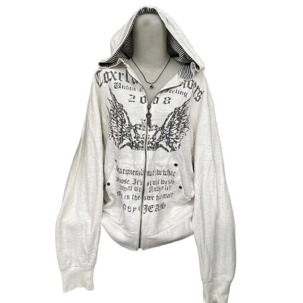 Hooded Sweatshirt Women Grunge Vintage Gothic Print Y2k Aesthetic Zipper Hoodie Harajuku Design Loose Lazy Streetwear Tops New