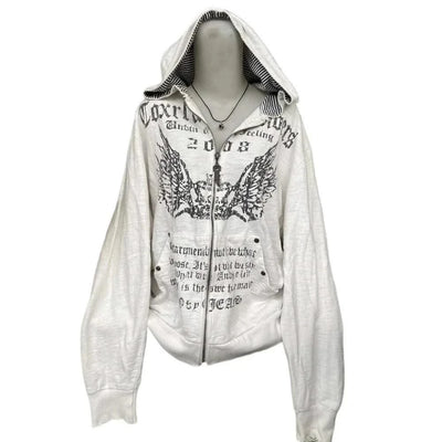 Hooded Sweatshirt Women Grunge Vintage Gothic Print Y2k Aesthetic Zipper Hoodie Harajuku Design Loose Lazy Streetwear Tops New