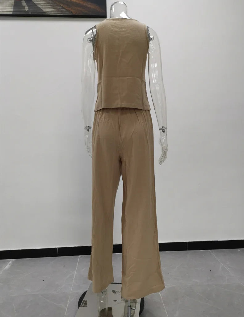 Women's New Cotton Linen Suit Summer Casual Sleeveless Round Neck Top Trousers Wide Leg Pants Two-piece Set For Women
