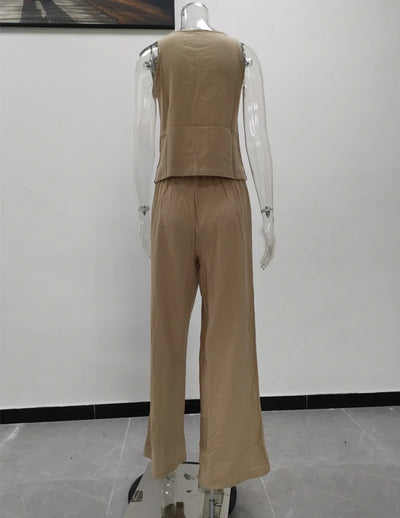 Women's New Cotton Linen Suit Summer Casual Sleeveless Round Neck Top Trousers Wide Leg Pants Two-piece Set For Women