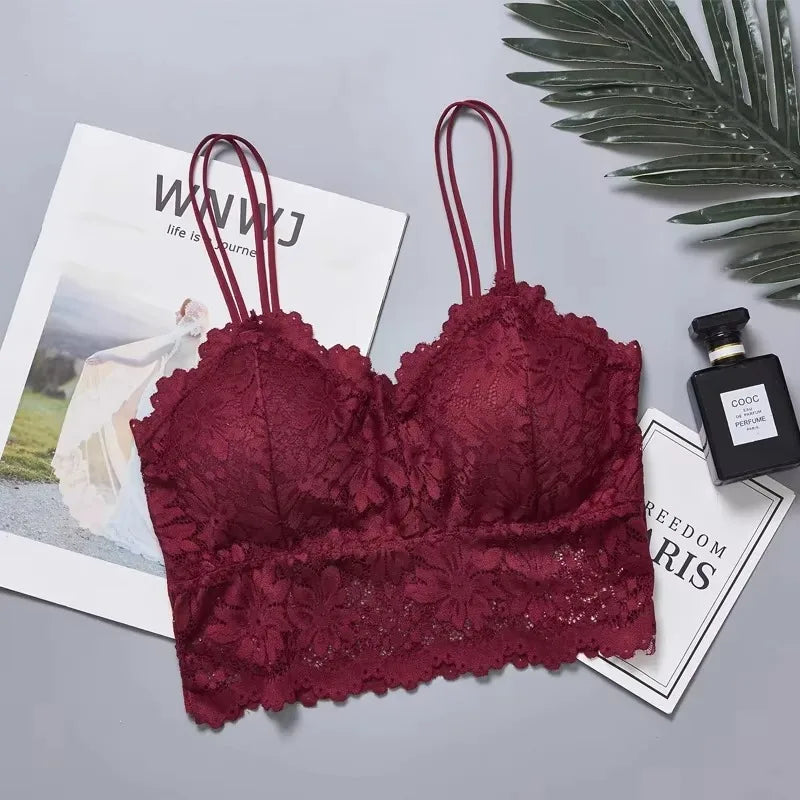 Women's Lace Bra Sexy Hollow Out Flower Underwear Bralette Wireless Push Up Breathable Strap Padded Vest Lingerie