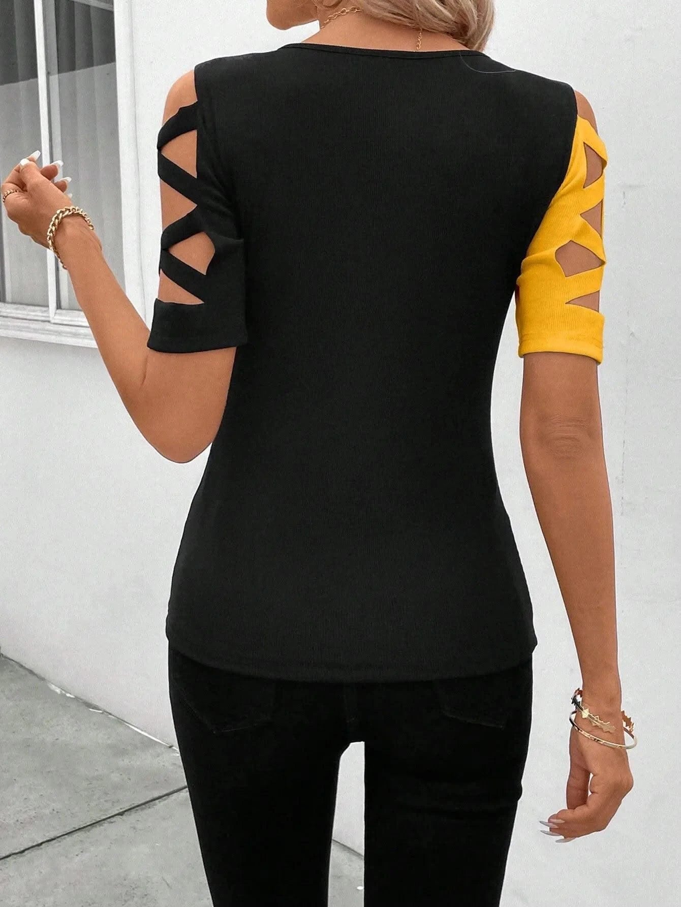 Women's Blouses T-shirt Summer New Colour Block Cross Off Shoulder