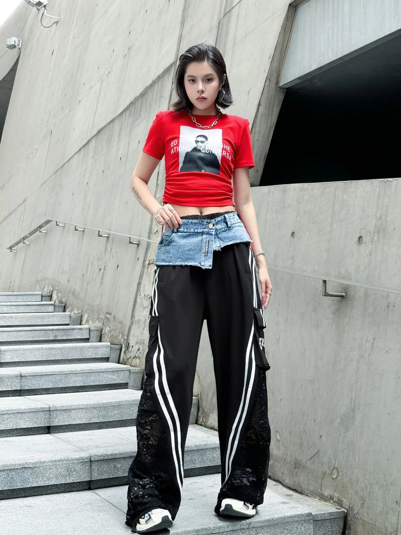 Wide Leg Pants Women Floor Length Patchwork Lace Denim Stripe Print High Waist Multiple Pockets 2025 Streetwear Cargo Trousers