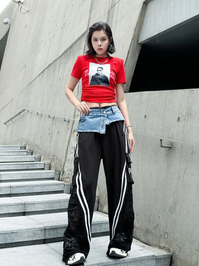 Wide Leg Pants Women Floor Length Patchwork Lace Denim Stripe Print High Waist Multiple Pockets 2025 Streetwear Cargo Trousers